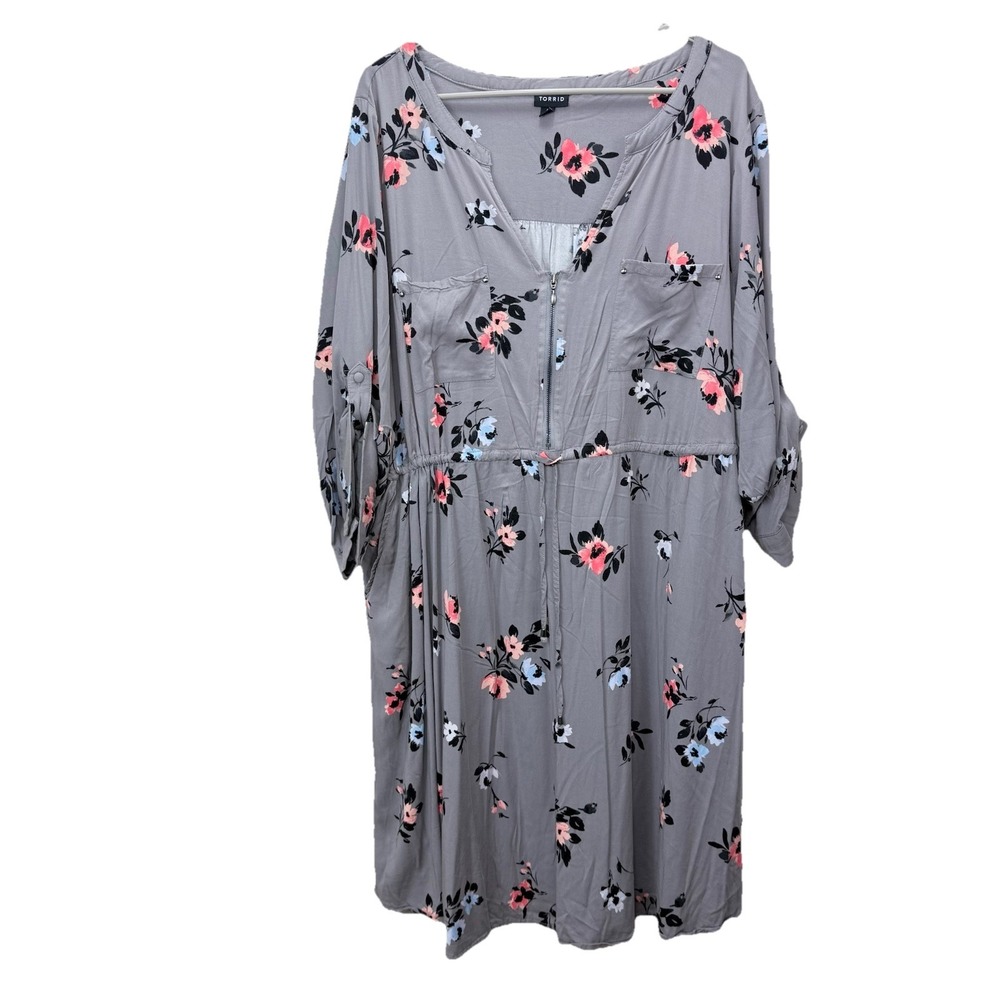 Torrid Gray Floral Challis Zip-Front 3/4 Tab Sleeve Shirt Dress Size‎ 4X - Picture 5 of 13